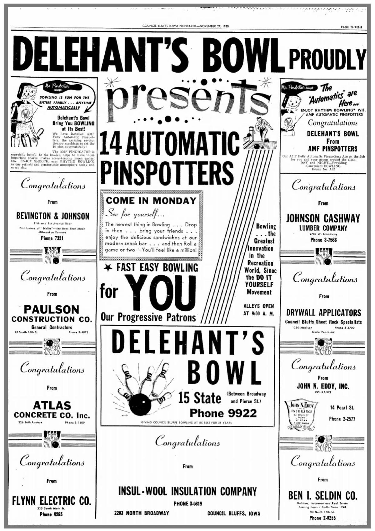 Announcement for new pinspotters at Delehant’s Bowl&nbsp;1955